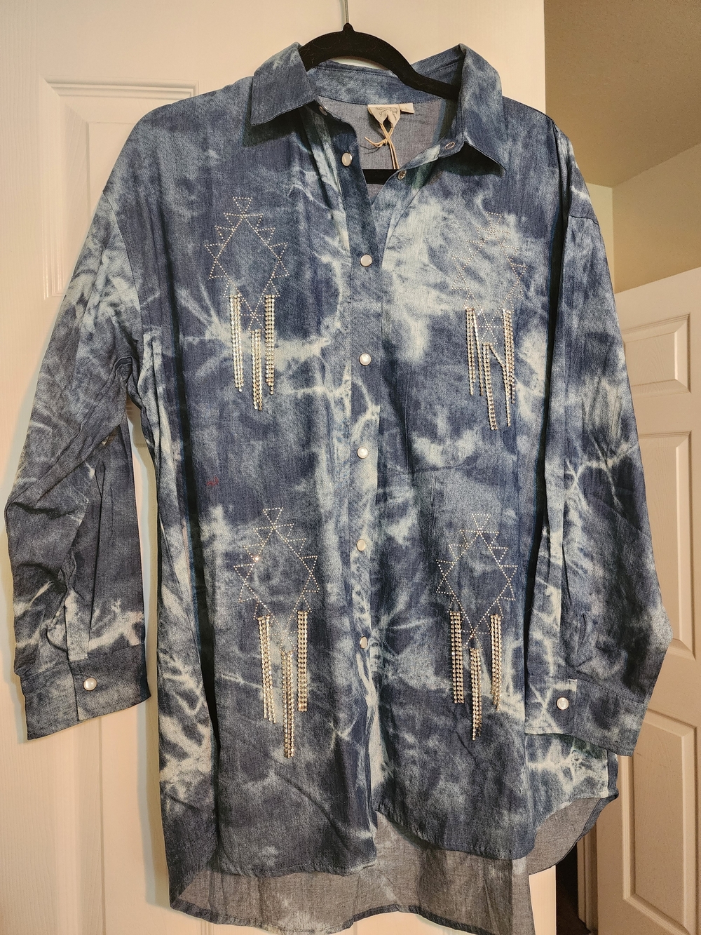Tie-Dye Indigo Button-Up Shirt with Rhinestone Fringe